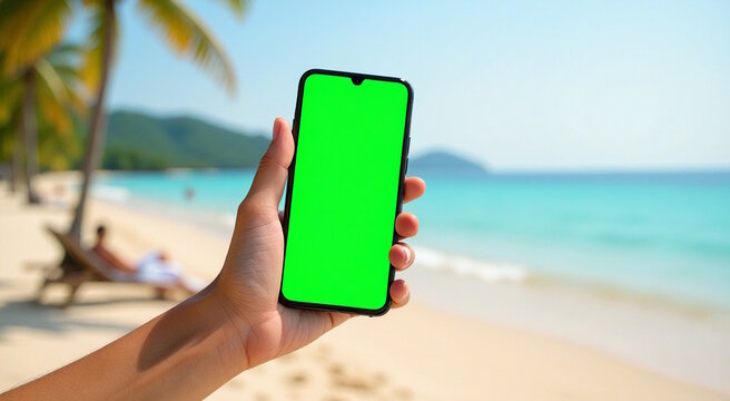 Hand holding smartphone with green screen on sandy beach near palm trees, concept for summer vacations and technology