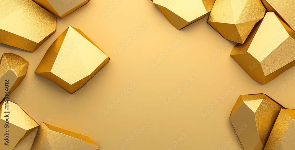 Poster abstract 3d render illustration featuring a gold crystal surface with geometric triangles and polygo