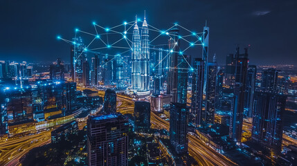 Naklejka premium Smart digital city with connection cyber security network reciprocity over the cityscape . future smart wireless digital city and social media networking systems that connects people within the city