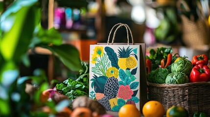 Eco-Friendly Die Cut Sticker on Reusable Shopping Tote in Natural Market Setting