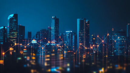 Fototapeta premium Smart digital city with connection cyber security network reciprocity over the cityscape . future smart wireless digital city and social media networking systems that connects people within the city