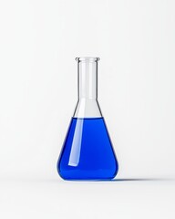 A blue liquid-filled Glass Erlenmeyer flask, used as laboratory equipment for scientific experiments and research.