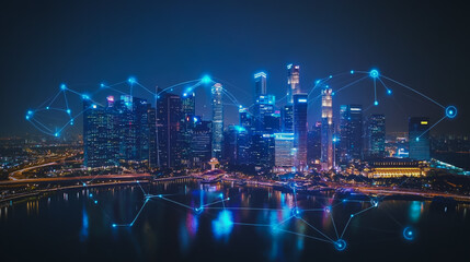Fototapeta premium Abstract businessman stands on the peak of success Smart digital city with connection cyber security network reciprocity over the cityscape future wireless digital city and social media networking
