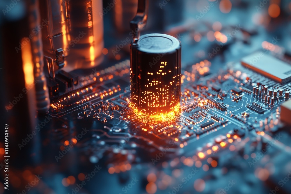 Poster a detailed view of a high-tech circuit board highlights glowing components, emphasizing the intricat
