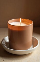 closeup of mocha mousse toned candle with soft wax texture on minimalist ceramic holder. warm, serene setting. relaxation and home decor concept.