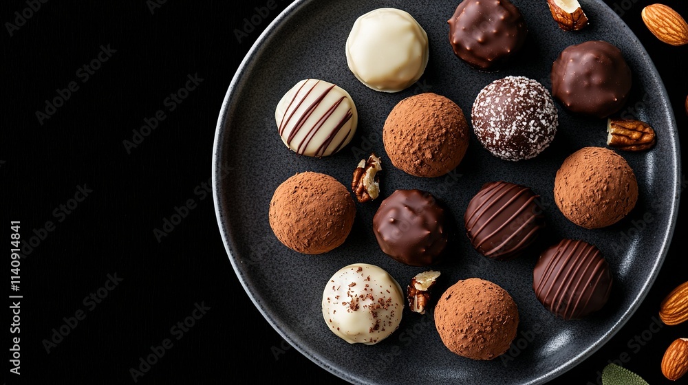 Wall mural   Plate with chocolate and nuts on a dark background surrounded by foliage