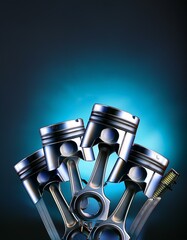 Close-up of gleaming engine pistons against a dark blue backdrop.