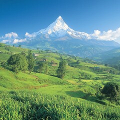 Obraz premium Majestic snow-capped mountain rises above lush green valleys and farmland.