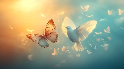 Orange butterfly and white dove in ethereal, sunlit scene with floating feathers and butterflies.