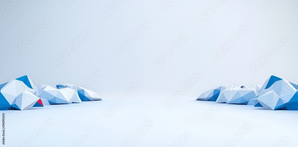 Poster an abstract 3d render of a geometric wall with triangular polygons, all set against a white backgrou