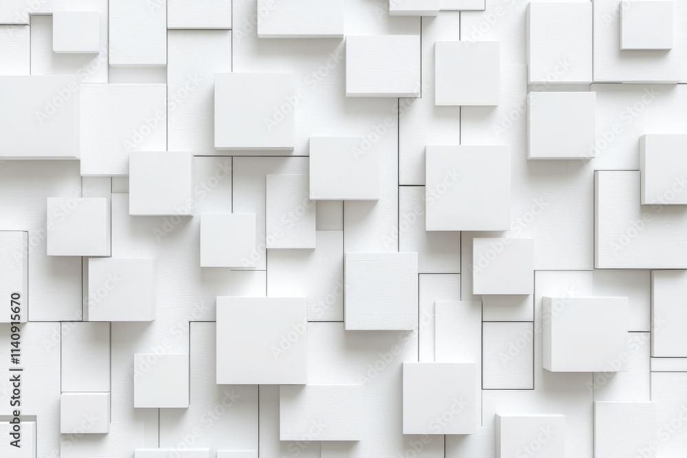 Poster a geometric block design of abstract 3d white cube boxes with random patterns, ideal for backgrounds