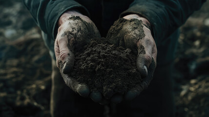 Farmer holding soil in hands close-up. Male hands touching soil on the field. Agriculture, gardening or ecology concept. Generative AI