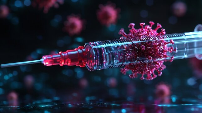 A detailed shot of a syringe containing red liquid, highlighting the core of vaccination and medical progress in combating diseases.