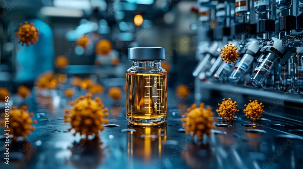 Poster a close-up of a vial with a new virus vaccine, highlighting the progress and optimism in biotechnolo