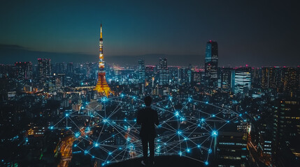 Fototapeta premium Smart digital city with connection cyber security network reciprocity over the cityscape . future smart wireless digital city and social media networking systems that connects people within the city