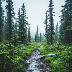 Obraz premium Misty forest pathway surrounded by tall trees and lush greenery.