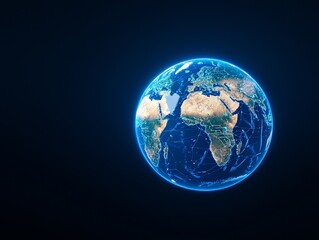 A high-resolution 32k image depicting a futuristic globe surrounded by bright blue digital connection lines, representing abstract technology and innovation against a dark space backdrop.