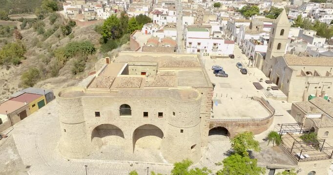 Aerial view of the castle of Bernalda, in the province of Matera, Basilicata, Italy. It has a rectangular shape and is located in the historic center of the town.