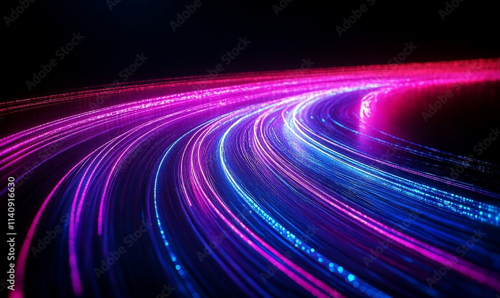 Poster abstract glowing lines forming a curved path in dark background.