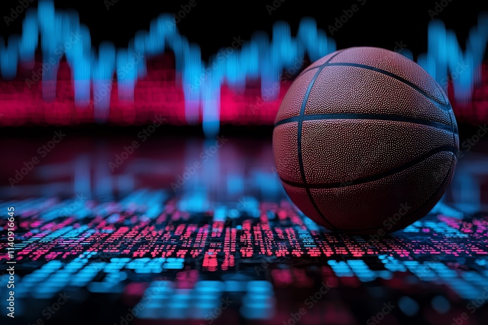 Poster a basketball set against a background featuring charts and graphs of analytics and statistics.