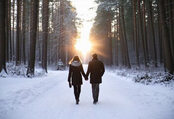 A man and a woman walking down a snow covered road.