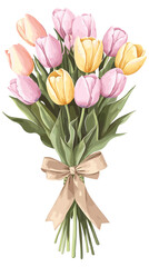 Fototapeta premium Beautiful bouquet of Pastel pink light violet yellow Tulips and open bud tied with a bow watercolor illustration isolated garden composition perennial bulbous flower for spring wedding design or card