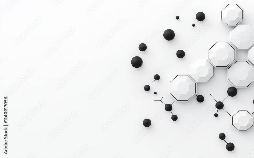 Poster a geometric abstract design with a hexagonal background, incorporating lines and dots.