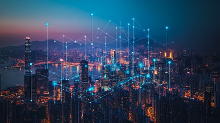 Obraz premium Smart digital city with connection cyber security network reciprocity over the cityscape . future smart wireless digital city and social media networking systems that connects people within the city