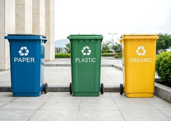 Recycling bins for paper, plastic, and organic waste in a clean outdoor environment, promoting sustainability and waste management.