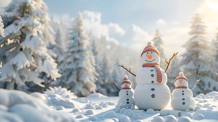 Obraz premium A Merry Christmas and Happy New Year greeting card featuring a snowman family standing in a winter Christmas landscape, with snowflakes falling and plenty of copy space for text