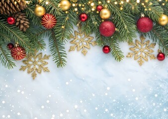 Christmas border with pine branches, red and gold ornaments, glittering golden snowflakes, and festive lights on a frosty blue background. Ideal for holiday designs, cards, or invitations.