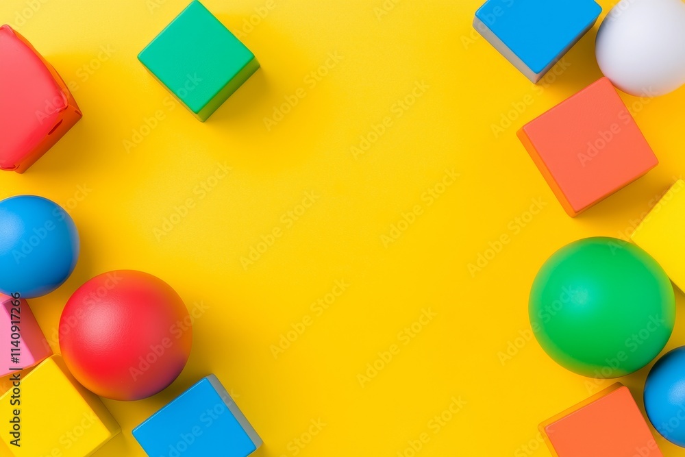 Poster an array of colorful geometric cubes or block toys set against a yellow background. an abstract comp