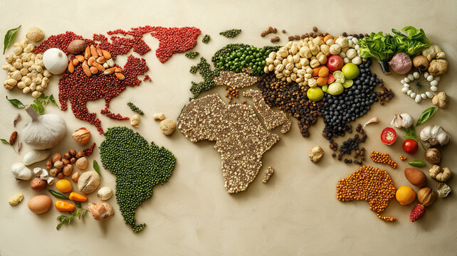 Food from many countries, parts of the world, representing diverse cuisines and cultures. Map world food. Generative AI