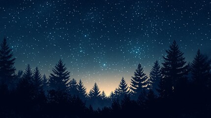 Naklejka premium Enchanted Forest: Tree Line Silhouette in Starry Night Sky with Copy Space.