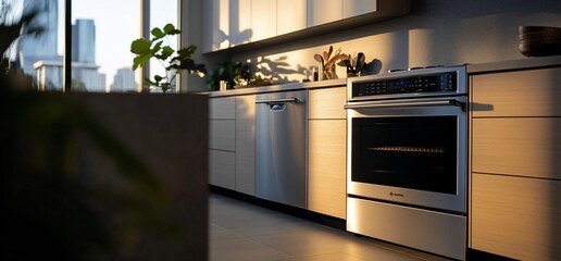 Modern kitchen with stainless steel appliances and city view.
