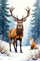 wild animals in winter, deer, red fox, snowy owl, pine forest, snowfall, soft fog, untouched nature, majestic wildlife, cartoon, poster, wallpaper, postcard, illustration , painted	
