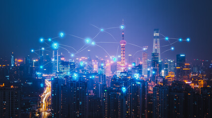 Fototapeta premium Smart digital city with connection cyber security network reciprocity over the cityscape . future smart wireless digital city and social media networking systems that connects people within the city