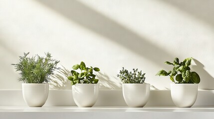 Fototapeta premium A row of potted plants sits neatly on a white shelf against a white wall