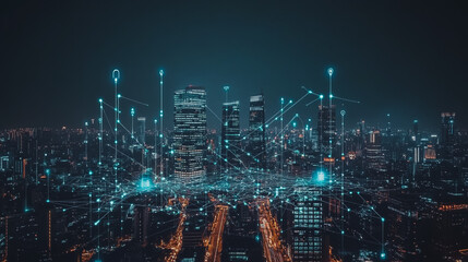Obraz premium Smart digital city with connection cyber security network reciprocity over the cityscape . future smart wireless digital city and social media networking systems that connects people within the city