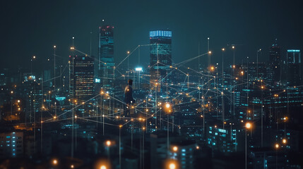 Fototapeta premium Smart digital city with connection cyber security network reciprocity over the cityscape . future smart wireless digital city and social media networking systems that connects people within the city
