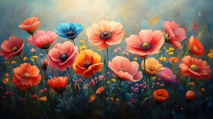Obraz premium Vibrant poppy field painting, colorful blooms.