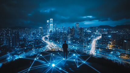 Naklejka premium Abstract businessman stands on the peak of success Smart digital city with connection cyber security network reciprocity over the cityscape future wireless digital city and social media networking