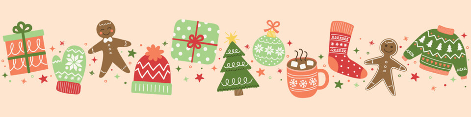 Colourful Christmas banner with cute hand drawn elements. Christmas tree, ball, present, sock, cookie, cup, hat, gloves. Vector illustration