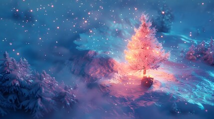 Fototapeta premium A glowing Christmas tree with a gift on snow, surrounded by a tranquil abstract snowy night scene 