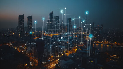 Naklejka premium Smart digital city with connection cyber security network reciprocity over the cityscape . future smart wireless digital city and social media networking systems that connects people within the city