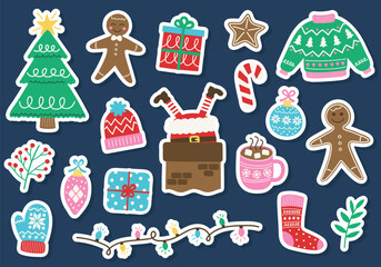 Set with colourful hand drawn Christmas stickers. Christmas tree, ball, present, sock, cookie, cup, hat, sweater, gloves. Vector illustration
