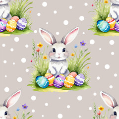 Watercolor seamless cute pattern polka dots and Easter Bunny with Vibrant Colorful Easter Eggs isolated on a light gray background. Vector design for wallpaper, textile design, fabric, wrapping paper
