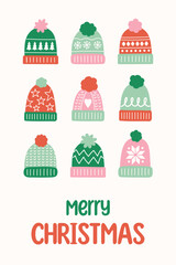 Christmas poster in cartoon style. Greeting card decorated with winter hats. Vector illustration