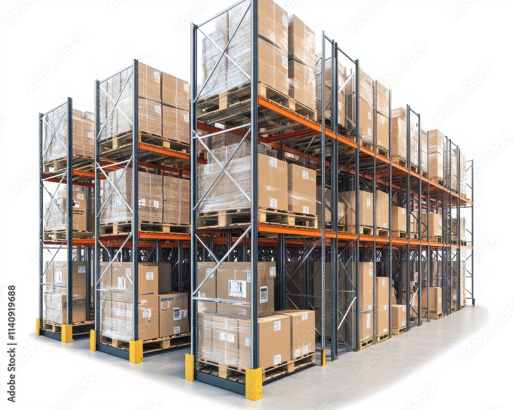 Poster a spacious warehouse filled with neatly stacked boxes on industrial shelves, showcasing efficient st