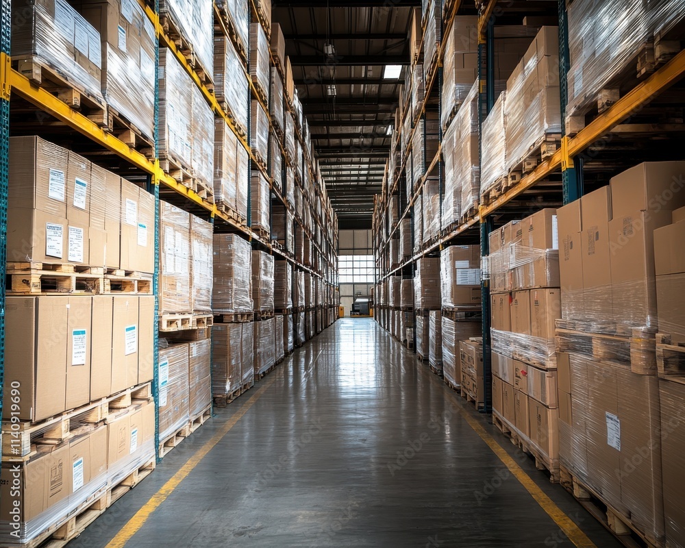 Poster a spacious warehouse filled with neatly stacked cardboard boxes on wooden pallets, creating a system